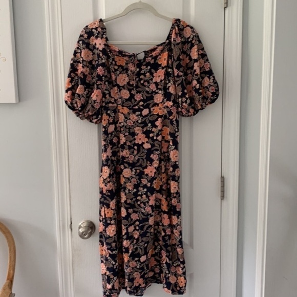 Old Navy dress size S floral puffy sleeves navy orange smoked back tie front - Picture 3 of 8